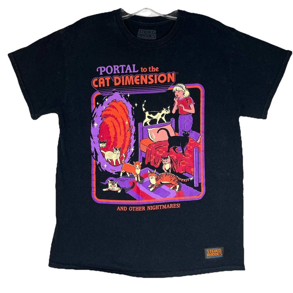Steven Rhodes Portal to the Cat Dimension Black Graphic Cat T-Shirt M